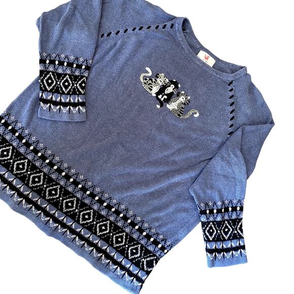 Quacker Factory Women's Blue Cat Embroidered Fair Isle Sweater 1X - Picture 1 of 8